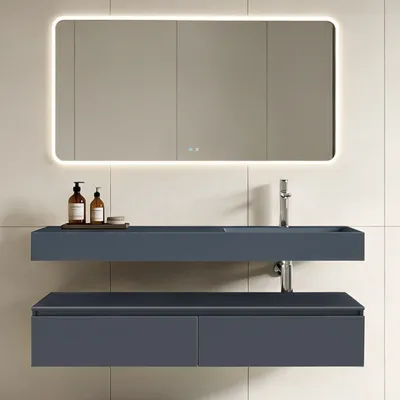 Image de doporro Meuble de Salle de Bain Gris Noir Mat Ensemble de 3 Pièces Meuble avec Lavabo 150cm et LED Miroir Design Up avec 2 Grands Tiroirs
