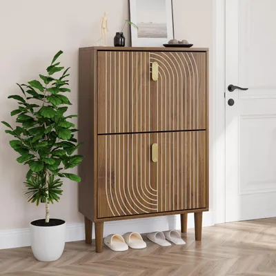 Obrázek produktu pro Skříňka na boty Smuxee se 2 klapkovými dvířky - 60 cm - Barva: imitace dřeva. Skříňka na boty s reliéfním designem - vhodná do předsíně a obývacího pokoje