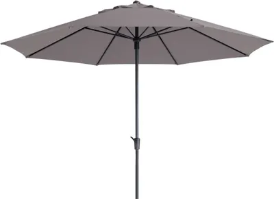 A taupe patio umbrella is shown against a white background.
