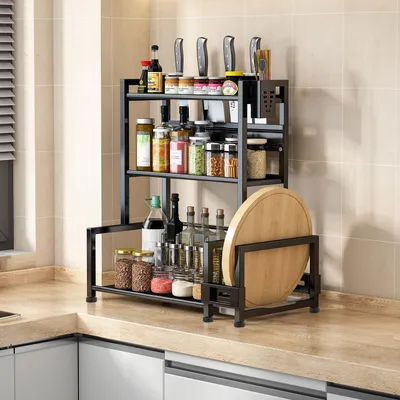 Produktbild von Stehendes Gewürzregal, 3 Etagen, großes Fassungsvermögen, Küchenregal, Metall-Arbeitsplattenorganizer mit Besteckhalter, Schneidebretthalter, 6 Haken, schwarz