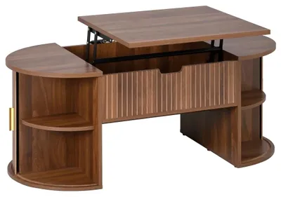 Immagine prodotto di Tavolino da caffè - Altezza regolabile - Stile moderno - Cassetti a giorno - Spazio contenitivo nascosto - Ante scorrevoli - Noce