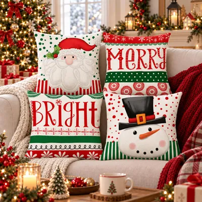Image de Lot de 4 housses de coussin de Noël, 45 x 45 cm, couleurs variées, mélange de lin, pour décoration de canapé ou de chambre