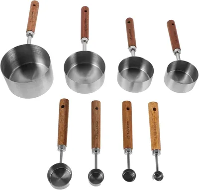 Produktbild von Messbecher und Küchenlöffel aus Edelstahl, 8 Stück, mit Holzgriff, hitzebeständig zum Kochen und Backen in der heimischen Küche