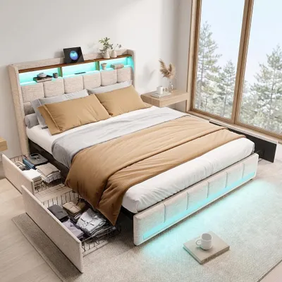 Zdjęcie produktu dla Łóżko tapicerowane INONEFT, 140x200 cm, z funkcją ładowania USB, łóżko młodzieżowe/podwójne z listwowym materacem i 4 szufladami, łóżko z pojemnikiem na pościel, z oświetleniem LED, kolor: beżowy