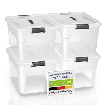 Produktbild von Juskys Aufbewahrungsbox mit Deckel - 4er Set Kunststoff Boxen 30l - Box groß, stapelbar, transparent - Aufbewahrung Ordnungssystem Aufbewahrungsboxen