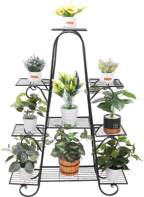 Produktbild von WISFOR 9 Ablagen Blumenständer Garten Metall Blumentreppen Gartenregal Ständer, 90 x 22 x 121.5cm, Schwarz