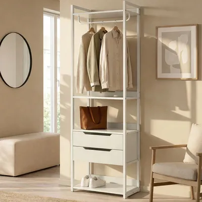 Produktbild von Standgarderobe 'Jässaatka' mit 1 Stange, 2 Schubladen und 4 Ablagen Stahl 200 x 61 x 40 cm Grau