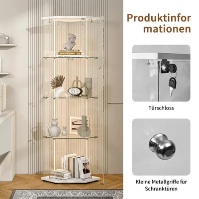 Produktbild von Eckvitrine aus Glas - Freistehender Vitrinenschrank - LED-Streifenbeleuchtung - Modern-minimalistisches Design - Kunststoffrahmen - Für Sammlerstücke - Weiß