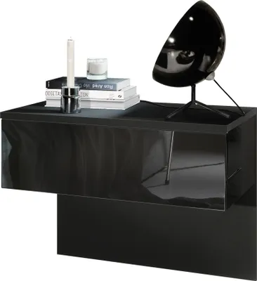 Produktbild von Vladon Nachttisch Sleep,  Germany, Nachttischschrank mit Schublade zur Wandmontage, Schwarz matt/Schwarz Hochglanz (60 x 46 x 35 cm)