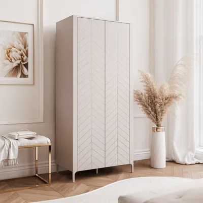 Obrázek produktu pro IDOHOME – dvoudveřová skříň LORIEN 90 cm s policemi a věšáky, šatní skříň, vzor rybí kosti, kašmír, tichý dovírací mechanismus