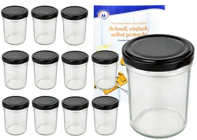 Produktbild von 12er Set Sturzglas 230 ml HOCH To 66 schwarzer Deckel Marmeladengläser Gläser incl. Rezeptheft