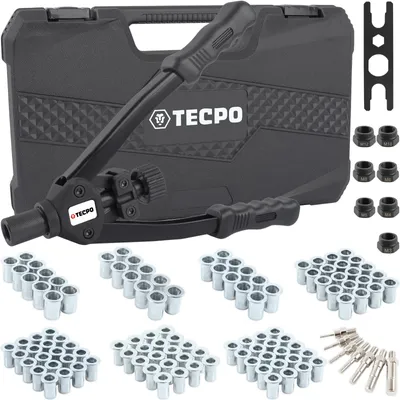 Produktbild von TECPO Nietmutternzange Set, 110-teilig Profi Satz Nietmuttern mit Gewinde, Nietzange, Universalschlüssel, Zugdorne und Mundstücke aus Stahl M3, M4, M5, M6, M8, M10, M12