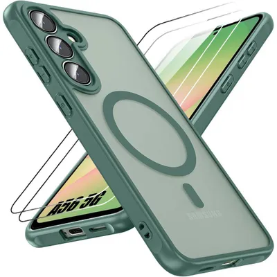 Image de Coque et 2 Verres Trempés pour Samsung Galaxy A56 5G, Protection Caméra Anti-Rayures Intégrée - Vert Nuit