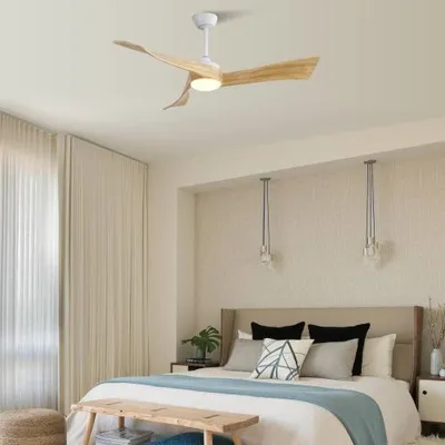 Image de AIORBER Ventilateur de plafond, 52", 18W LED, dimmable en trois couleurs, avec télécommande,6 vitesses,minuterie,pales réversibles, fonctionnement silencieux, intérieur/extérieur, blanc