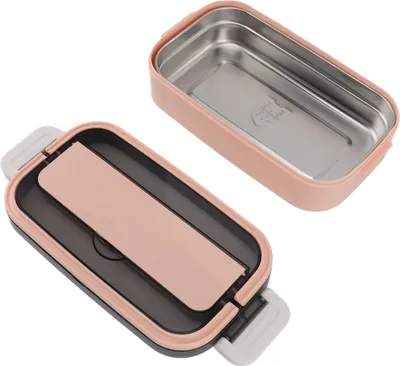 Imagen del producto de Fiambrera de acero inoxidable 304, tipo "bento", para adultos, con una sola capa, apta para microondas, portátil y con compartimentos, en color rosa claro. Ideal para estudiantes y trabajadores de oficina