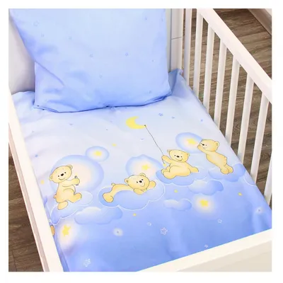 Produktbild von Alvi Bettwäsche-Set für Babys 80x80 & 35x40 – Blau „Bär auf Wolke” – Weiche Baumwolle