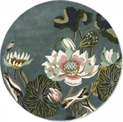 Produktbild von Handgefertigter runder Wollteppich mit Blumenmuster WATERLILY