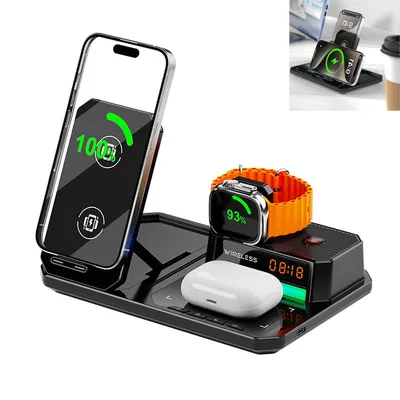 Produktbild von 6-in-1 Wireless Charger Dock – Schnellladegerät, Bluetooth Lautsprecher, LED Uhr, Atmosphärenlicht, iWatch & AirPods kabellos