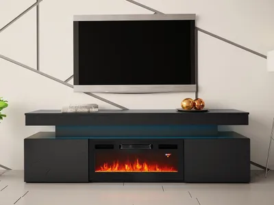 Obrázek produktu pro TV stolek s elektrickým krbem USOA - lesklý černý / matný černý + LED osvětlení