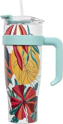 Image de CMP KA0438 Tasse isotherme avec paille et anse verte, 1,2 l - Motif tropical