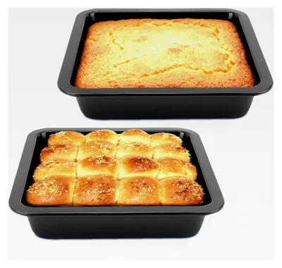 Produktbild von 2 Stück Antihaft-Backform, quadratisch, 22,5 x 22,5 x 4,6 cm, schwarz, aus Kohlenstoffstahl, für Kuchen und Brownies