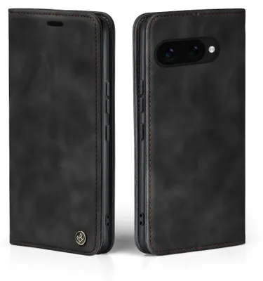 A black flip case for a Google Pixel 9a phone is shown from two angles.