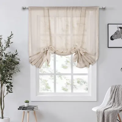 Produktbild von Raffrollo Vorhang Vintage Creme Leinenoptik Halbtransparent Raffgardinen Gardine mit Stangentasche, B117xH160cm