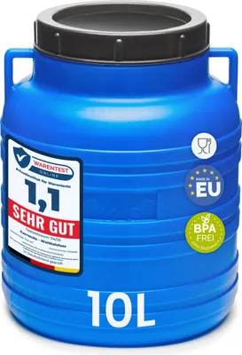 A blue plastic barrel with a black lid and handles, shown from the front on a white background.