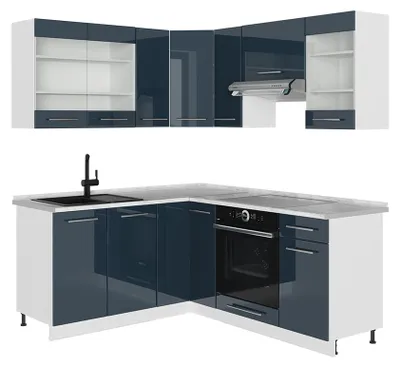 Produktbild von Eckküche Vicco Fame-Line Dunkelblau Hochglanz/Weiß 190 x 160 cm, AP Marmor, Model 49033