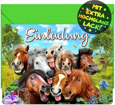 Productafbeelding van Uitnodigingskaarten met paardenthema, 12 stuks met bijbehorende enveloppen, voor een kinderfeestje
