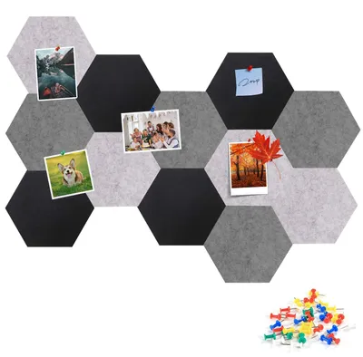 Produktbild von Filz-Pinnwände, Set mit 12 sechseckigen, selbstklebenden Korktafeln, 22 x 19 cm, DIY-Memotafeln für Fotos, Stundenpläne, Pinnwände für Kinderzimmer, Klassenzimmer, Büro, 50 Reißzwecken