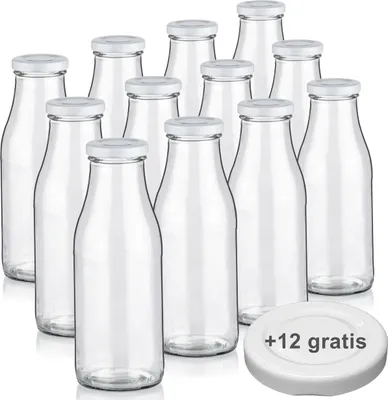 Produktbild von Milchflaschen 0,5L Smoothie Saft Flaschen 500ml leere Glasflaschen Deckel BPA frei, 12 Milchflaschen mit 24 Deckeln