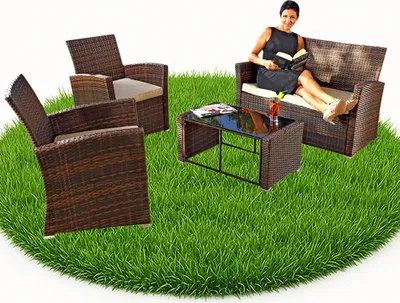 Produktbild von Mucola Gartenmöbel 4tlg. Sitzgruppe Braun/Beige Polyrattan Set Sitzgarnitur Lounge Sessel Tisch Sofa Couch Gartenset Essgruppe Balkon