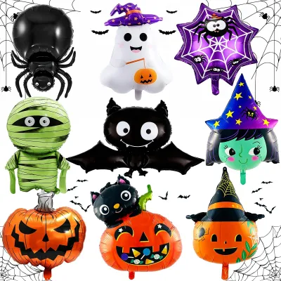 9er Set XXL Halloween Folienballons – Kürbis, Hexe, Geist, Spinne