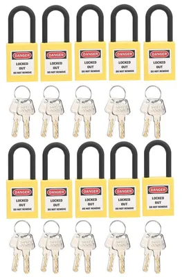 Immagine prodotto di Lucchetto di sicurezza in nylon giallo, diametro 38 mm, confezione da 10 con 2 chiavi