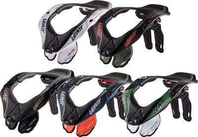 A collage of different colored Leatt neck braces.