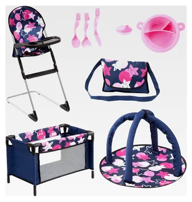 Produktbild von Puppenset 9 in 1 mit Reisebett, Tasche, Spielbogen, Hochstuhl, Plastikgeschirr und Zubehör, blau, pink, Sterne