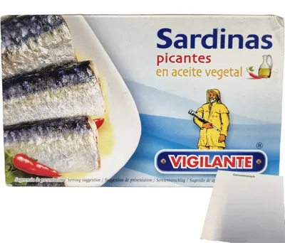 Produktbild von Vigilante "Kleine Sardinen in Pflanzenöl scharf" Sardinas en aceite vegetal picante (120g Dose) + usy Block