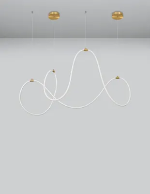 A modern pendant light fixture with a flowing, ribbon-like design, suspended from the ceiling.