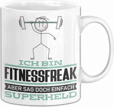 Produktbild von Fitnessfreak Geschenk Tasse Ich Bin Fitnessfreak Aber Sag Doch Einfach Superheld Lustige Geschenkdiee für Fitnessfreak Kaffee-Becher (Weiß)