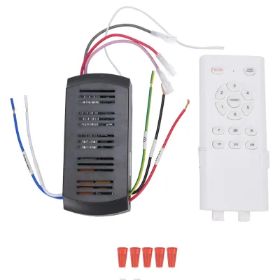 A ceiling fan remote control and receiver kit with wiring and connectors.