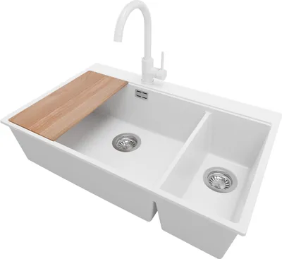 Produktbild von PRIMAGRAN Granitspüle Weiß 78x50cm, Spülbecken 2 Becken + Küchenarmatur 32x20cm + Ablauf-Set + Schneidebrett, Küchenspüle ab 80er Unterschrank - Oslo Duo