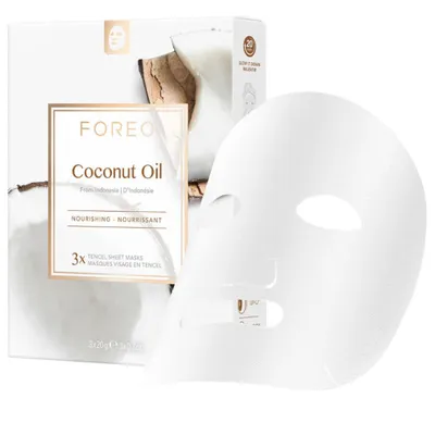 Produktbild von FOREO Coconut Oil Nourishing Sheet Face Mask – Pflegende Tuchmaske mit Kokosöl & Natürlichen Feuchtigkeitsspendern – Für trockene, durstige Haut, 3 Stück