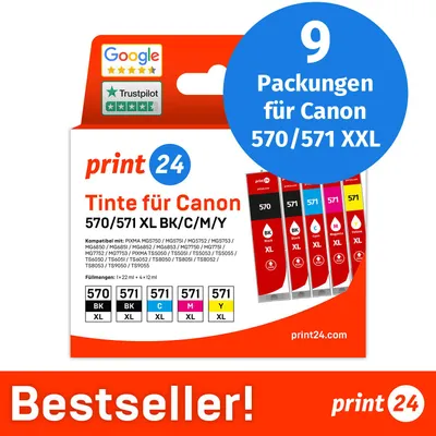 Produktbild von print24 Tintenpatronen für Canon 570/571 XL, Multipack (BK/BK/C/M/Y), 9 Stück