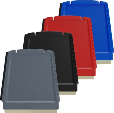 Four ice scrapers of different colors arranged diagonally.