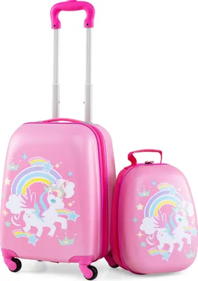 Obrázok produktu pre COSTWAY 2-dielny detský kufor 12"+16" + batoh, detský vozík z plastu, detská batožina, detská sada kufrov príručná batožina, kufor z tvrdej škrupiny, morská panna