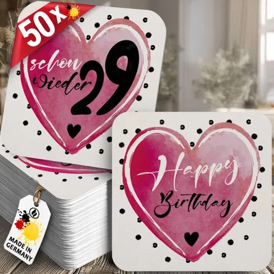 Produktbild von 50 Bierdeckel Geburtstag Herz, Schon wieder 29, Weiß/Pink, Party Tischdeko
