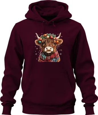 Produktbild von Highland Kuh Weihnachtskranz Schal Schneeflocken süß Retro Uni Hoodie Kapuzenpullover, Burgundy, 3XL