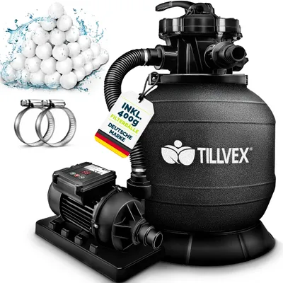 Produktbild von tillvex® Sandfilteranlage Pool mit Timer 7.900L/h inkl. 400g Filterbälle | Filteranlage 7-Wege Ventil & 2in1 Adapter Ø32mm - 38mm | Poolfilter mit Druckanzeige | Sandfilter für Schwimmbecken Schwarz