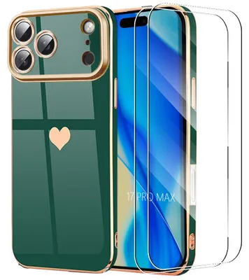 Image de Coque + 2 Verres Trempés pour iPhone 17 Pro Max, Protection Silicone Motif Coeur Antichoc Vert Nuit